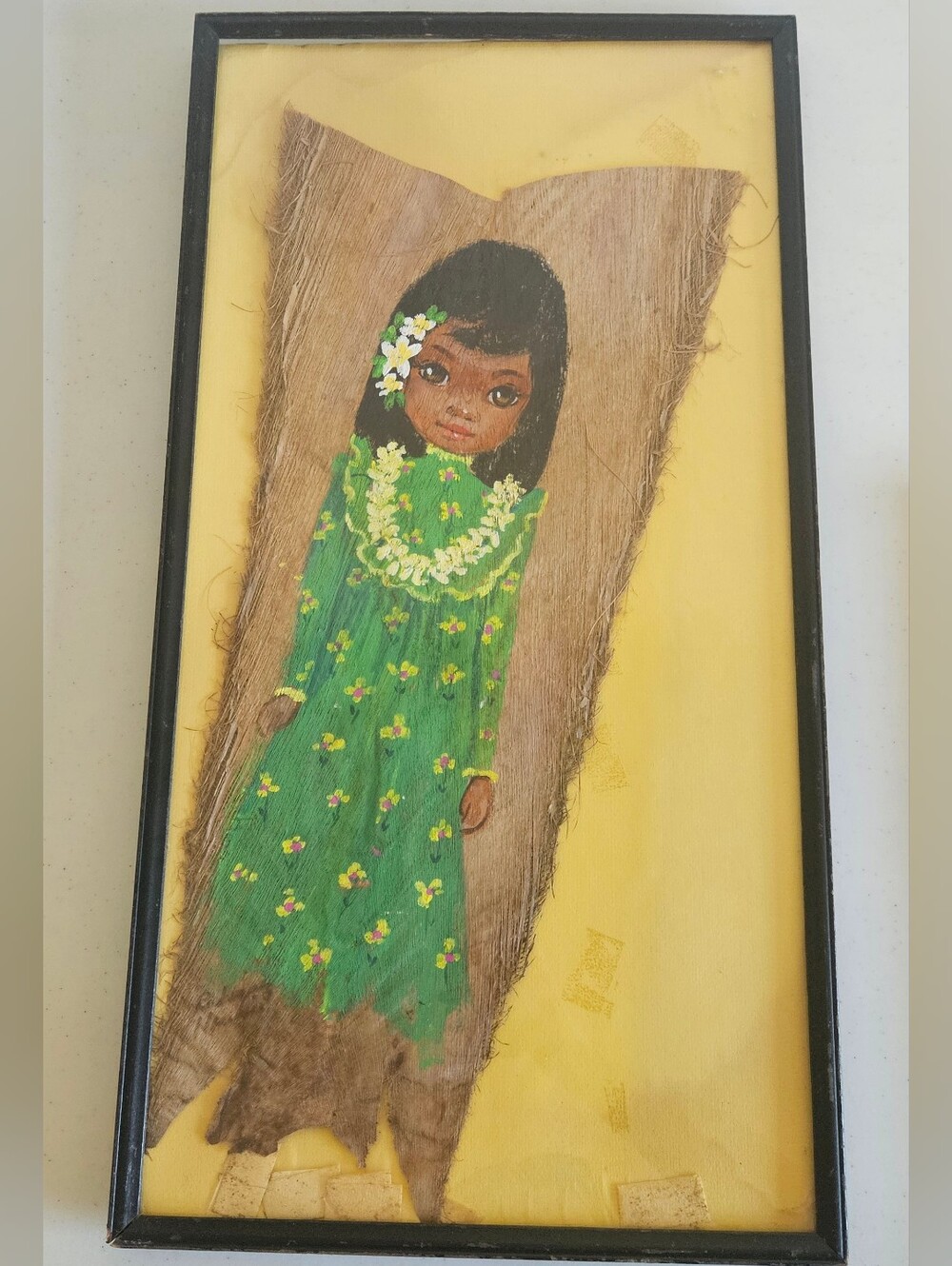 Vintage Signed Cece Rodriguez Hawaiian Hula Girl Painting On Palm Tree Leaf Rare